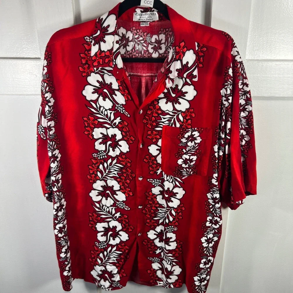 Champagnes Mens XXL Red Floral Hibiscus Rayon Hawaiian Button Up Shirt Thailand